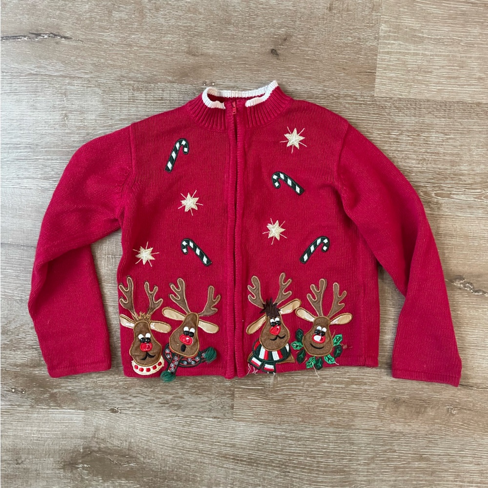 Kids Red Reindeer Holiday Full zip Sweater size M 8/10 - Picture 4 of 7
